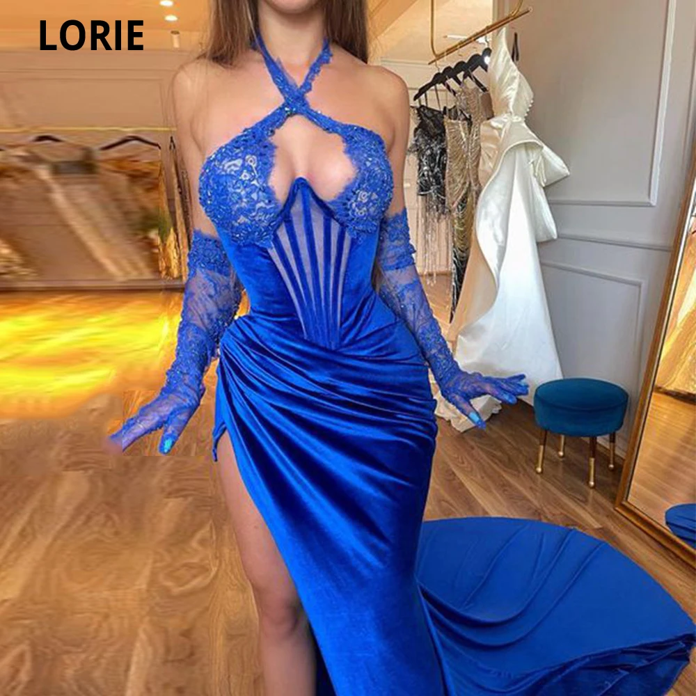 

LORIE Halter Blue Evening Dresses 2022 Long Mermaid Lace Illusion Satin Prom Gowns Formal Women Party Dresses Vestidos De Gala