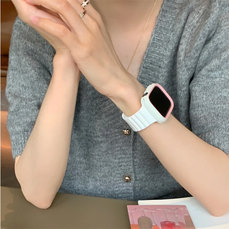 Cute Pink White Case + Strap For Apple Watch 41mm 49mm 45 38 40mm 42 44 Wave Soft Silicone Band For iwatch Series 9 8 7 SE 6 5 4