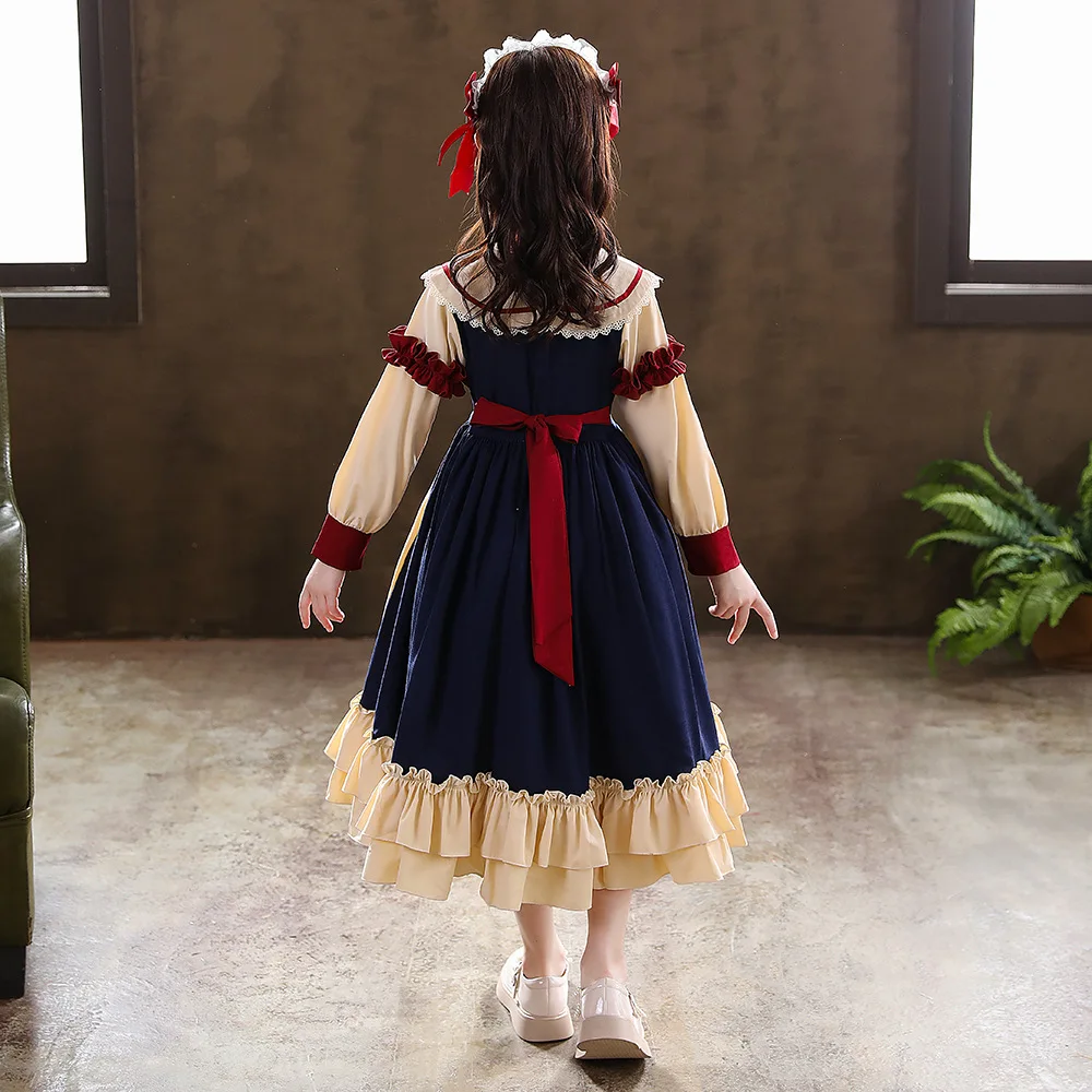 Vintage Victorian Retro Lolita Bow Dress for Girls Kids Long Sleeve Disguise Costume Child Birthday Party Princess Girls Dress