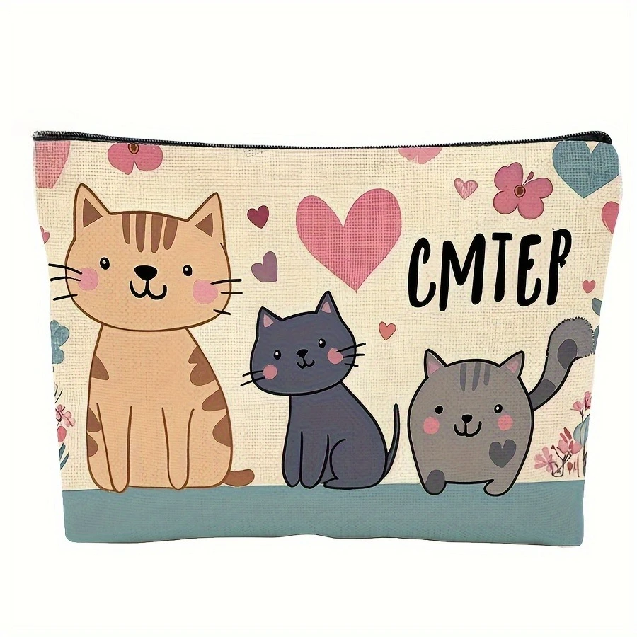 A Peculiar Makeup Bag with Three Cats and a Heart Theme,This Adorable Cosmetic Case Is Perfect for Women, Girls, Friends