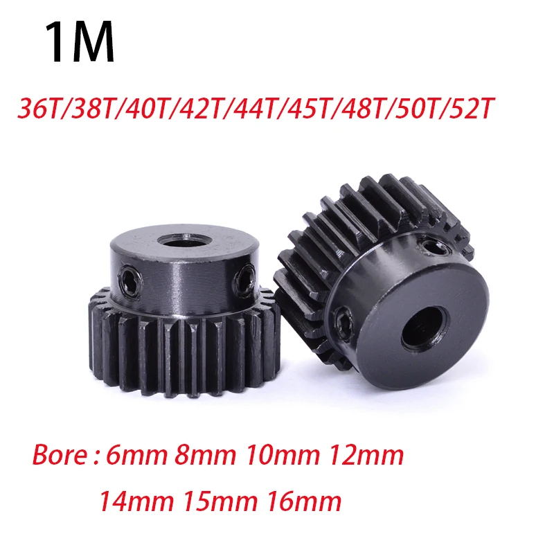 1Pcs 1Mod Spur Gear Metal Transmission Gear 6/8/10/12/14/16mm Bore 45# Steel 1M 36/40/42/40/50/52 Tooth Pinion Motor Convex Gear