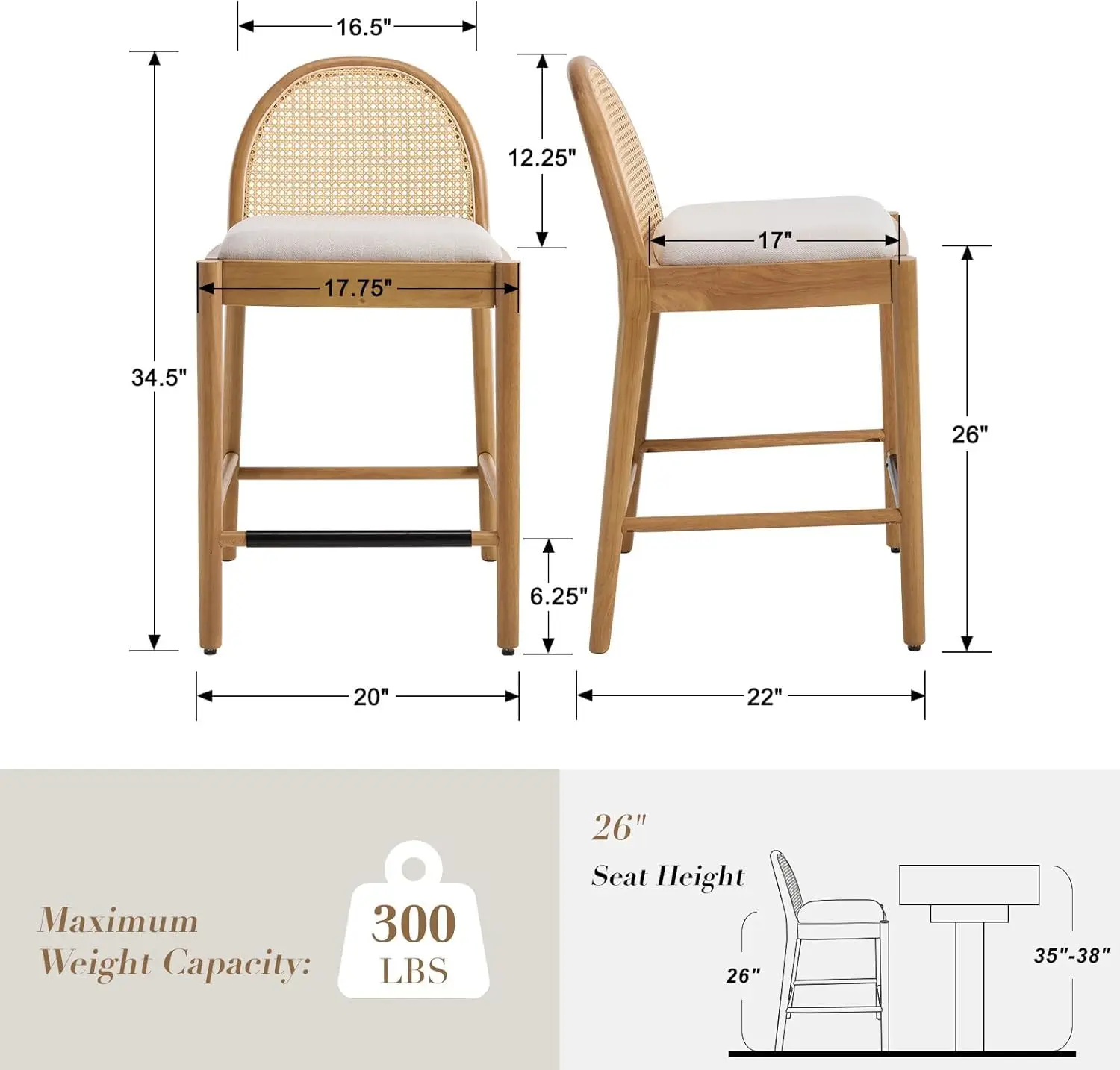 Rattan Bar Stools Set of 4, 26 Inch Counter Height Bar Stools with Backrest, Farmhouse Linen Fabric Kitchen Stool with Wood Legs