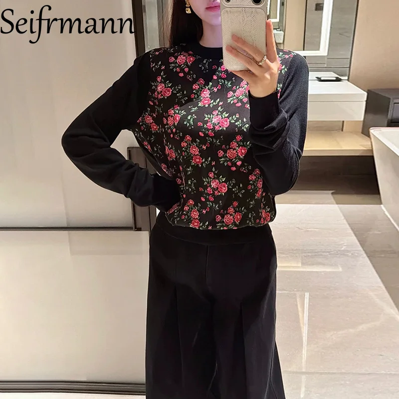 

Seifrmann 2026 Летняя женская одежда: Новая модная трикотажная кофта с круглым вырезом, длинными рукавами и шелковым принтом