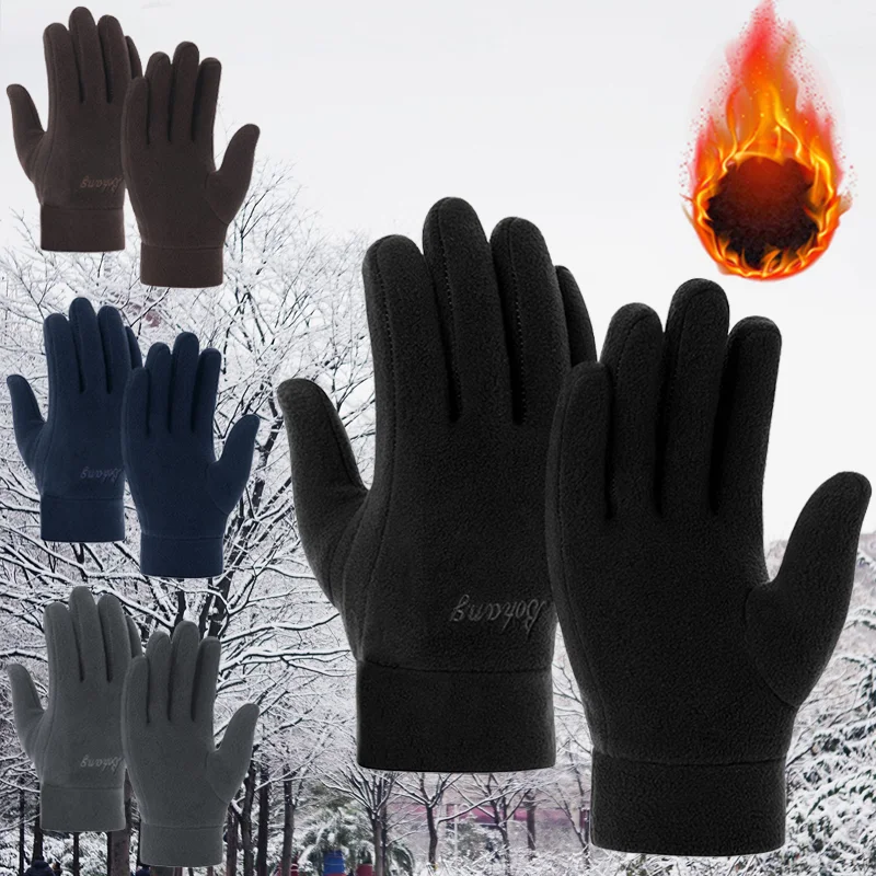 Mens Winter Gloves Solid Women Outdoor Polar Fleece Thick Warm Cold Gloves Motorcycle Cycling Wrist Glove Black Full Fingers