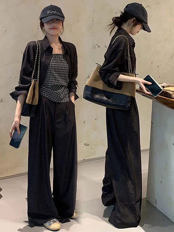 

Slimming Effect Outerwear Tank Top Wide Leg Pants Tee Piece Set Women's Faion Spring Outfit High Waist Retro Sle