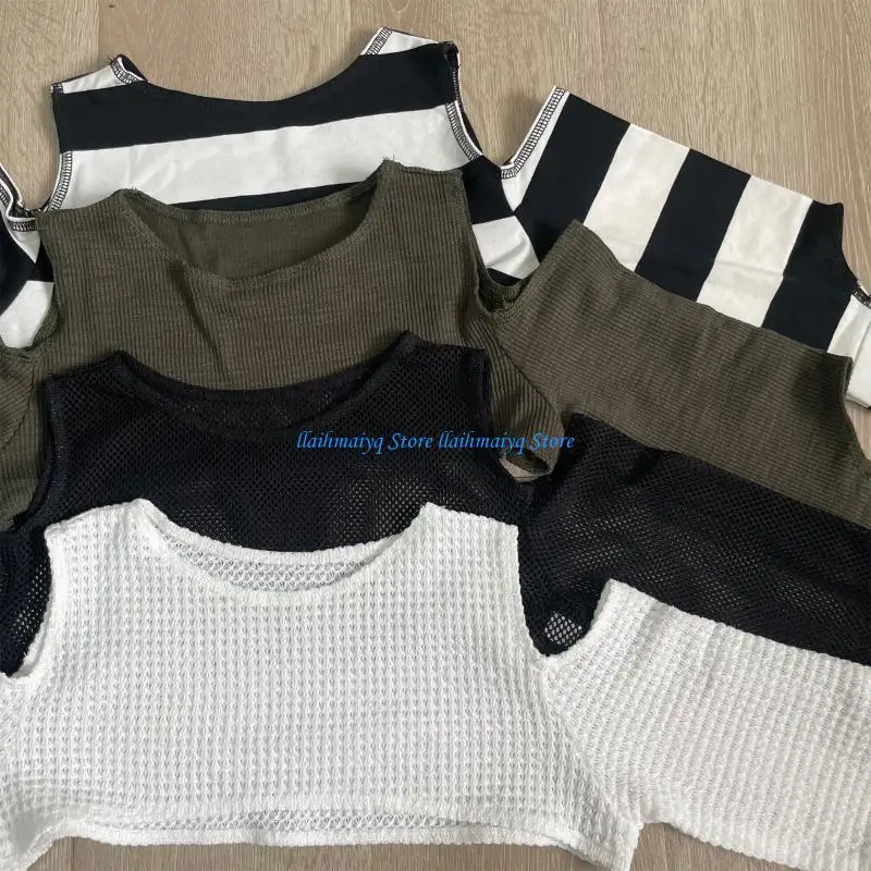 

573B Women Summer Mesh Striped Long Sleeve Crop Top Cutout Elbow Hip Hop Streetwear