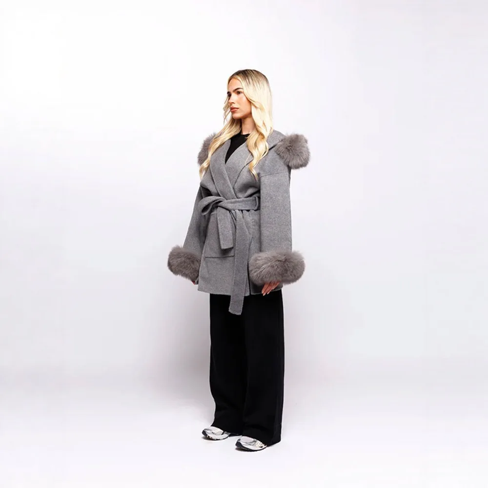 

Осень-зима 2022, новое флисовое свободное шерстяное пальто с капюшоном и поясом, женское теплое серое, бежевое, два варианта цвета