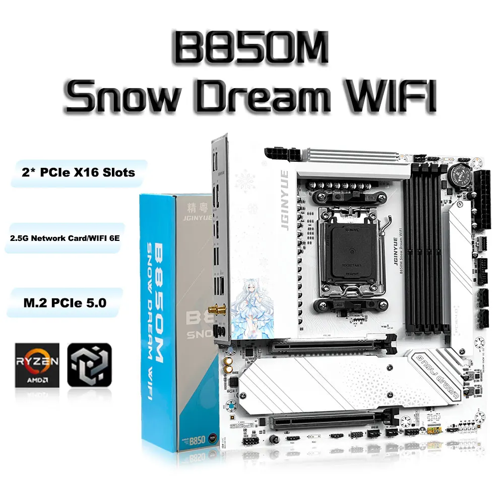 JGINYUE B850M Snow Dream WIFI Gaming Motherboard AM5 M-ATX DDR5 WiFi6E 2.5GbE LAN 3×M.2 ARGB Support AMD Ryzen 7000 8000 9000
