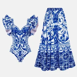 Women's Swimsuit Symmetrical Classical Pattern Ruffled Shoulder One Piece with Skirt