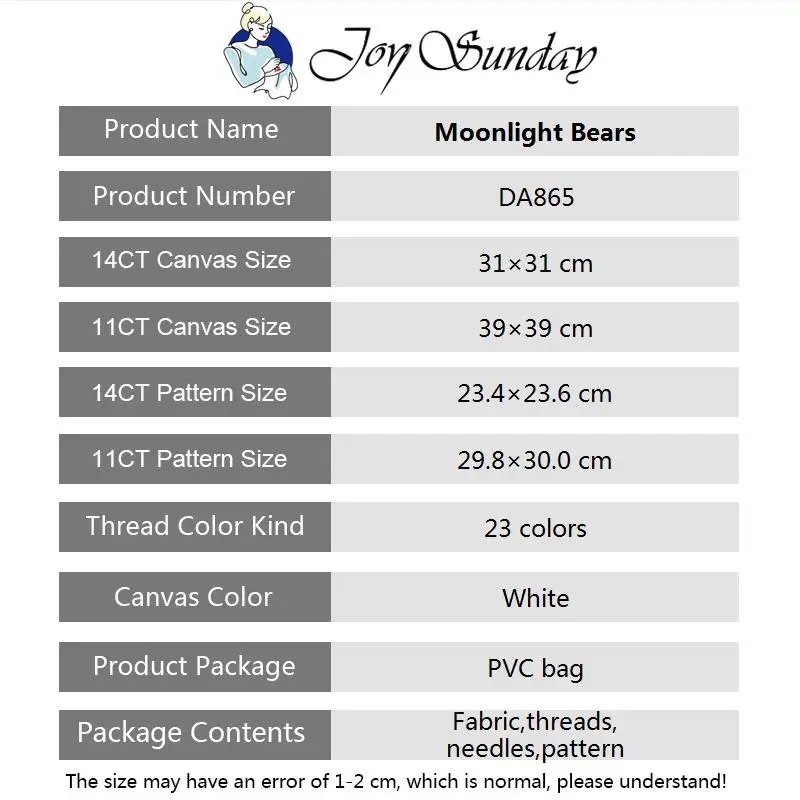 Joy Sunday Moonlight Bears Cross Stitch Kits 16ct 14ct 11ct Canvas Fabric Cotton Thread Diy Embroidery Kit Home Wall Decoration