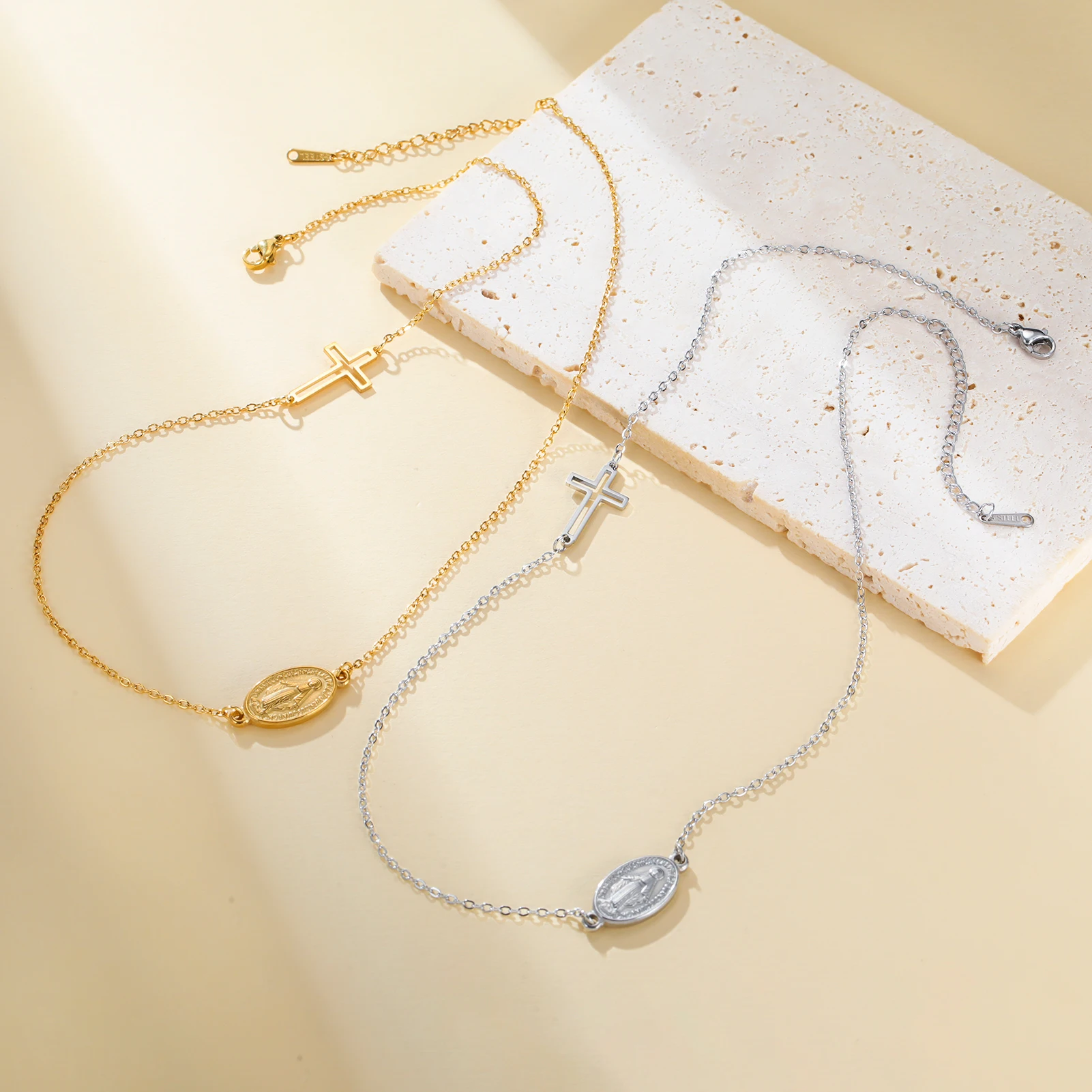 Luxury Stainless Steel Sideways Cross Collar Necklace for Women Adjustable  Virgin Mary Chain Necklace Pendant