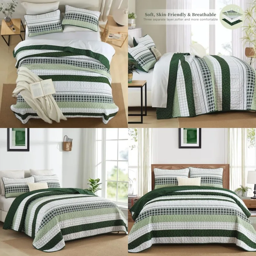 

Striped Quilt Set Queen Size, Green Boho Bedspread Set 3 Pieces Patchwork Coverlet Bedding Set Lightweight Soft Microfiber for All Season (96"x90")