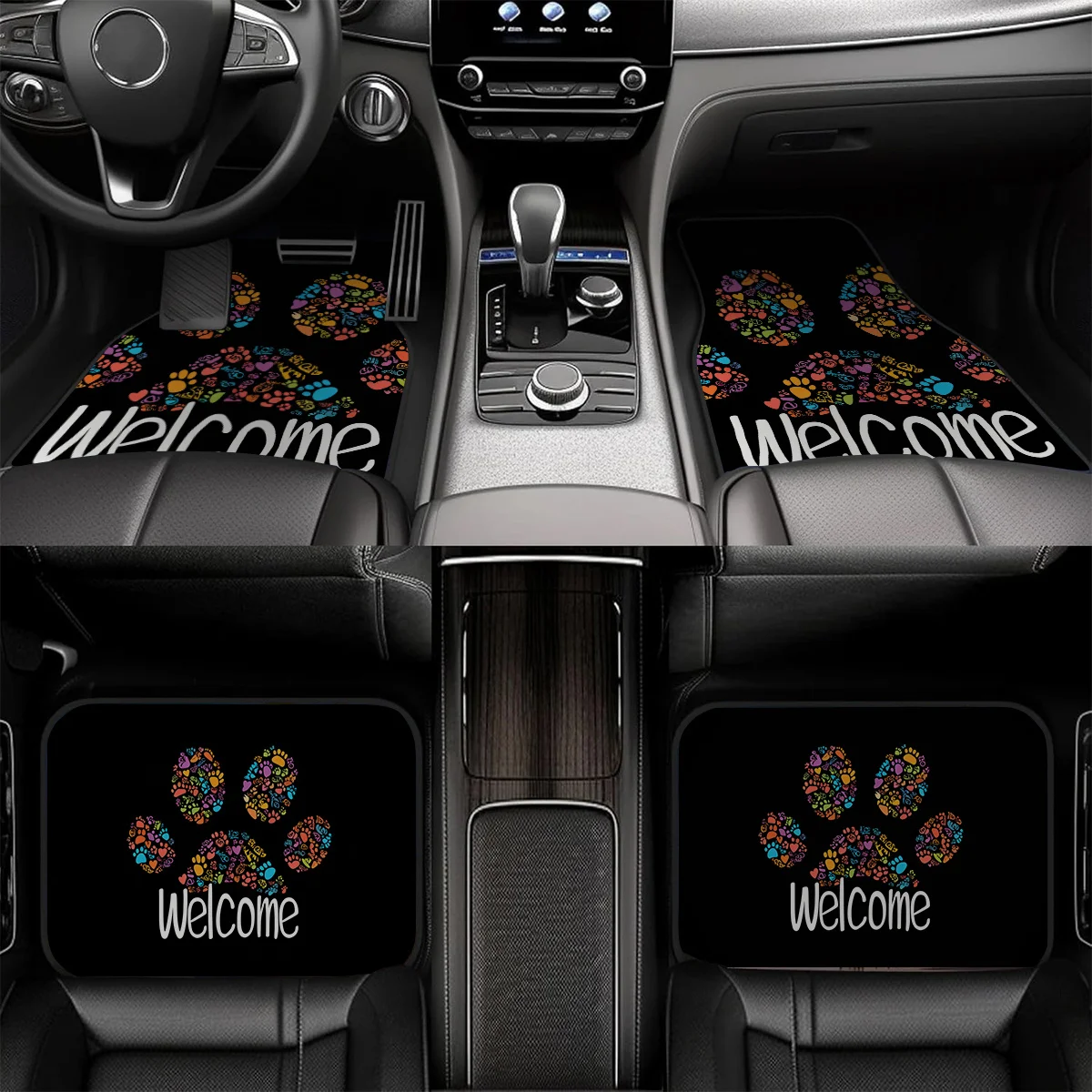 4pcs Non-Slip Polyester Car Footrest Mats With Colorful Paw Print Welcome Design - Fit For Sedan & SUV Vehicles, Durable Interio