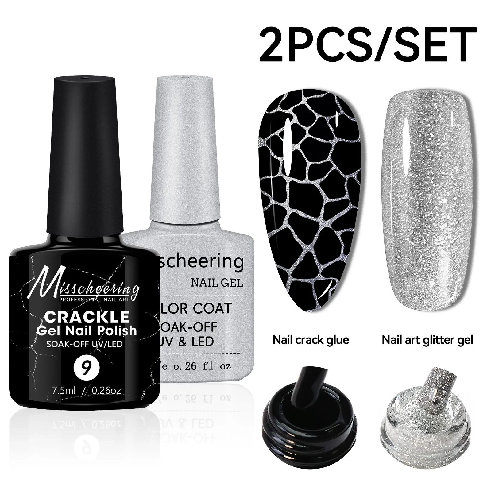 2-teiliges Crackle-Gel-Nagellack-Set, Gel-Diamant-Gel, ablösbarer UV-LED-Nagellack, Maniküre-Crack-Top-Coat, Nageldekorationen für DIY-Nägel