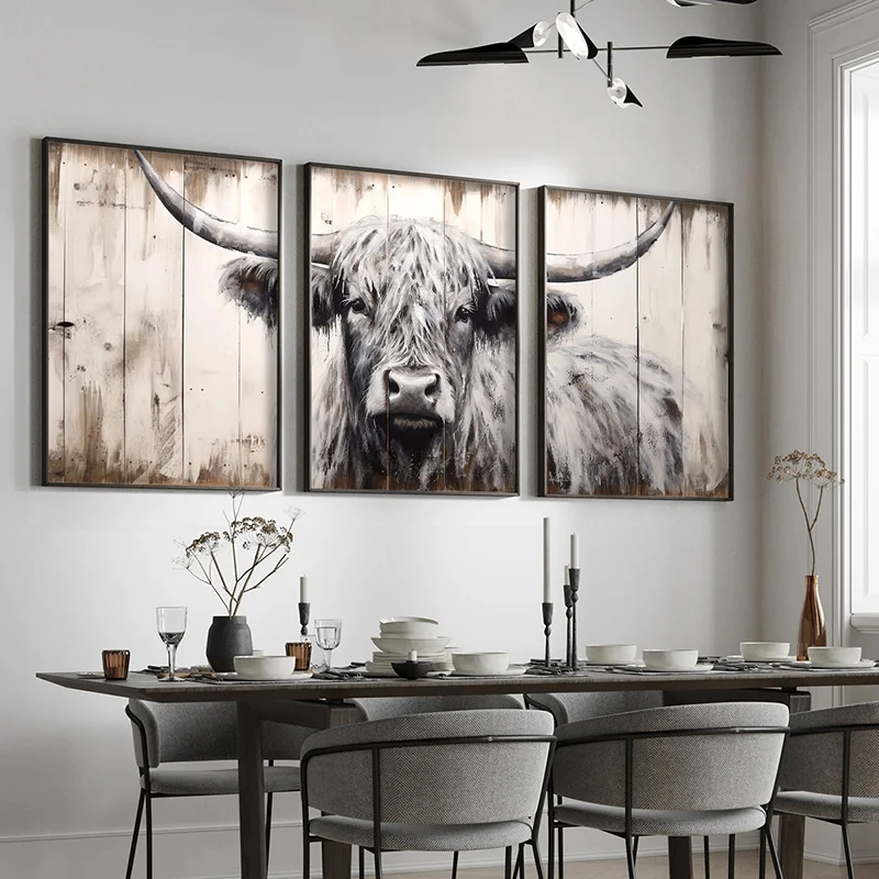 3pcs Highland Cow Canvas Wall Art Set, Unframed Vintage Farmhouse Animal Prints, Rustic Country Decor for Living Room, Bedroom,