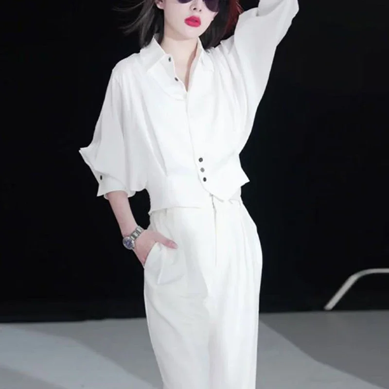 Elegant Fashion Long Sleeve Waist White Shirt Wide Leg Pants Two Pieces Set Women Temperament Blouse Trousers Suit XT533