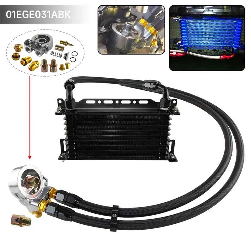 10 Row Engine Trust Oil Cooler w/ Thermostat 80 Deg Oil Filter Adapter Kit Blue/ Black