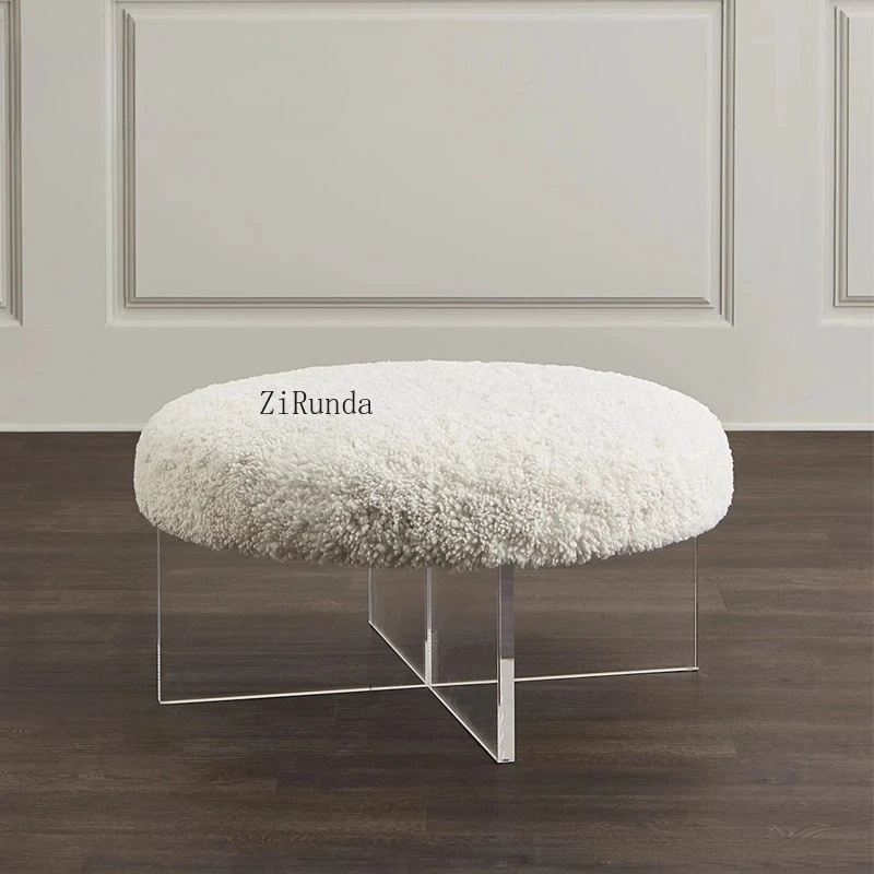 مقعد إيطالي فاخر من صوف الضأن المقلد، مقعد منزلي شفاف من الأكريليك ما بعد الحداثة لتغيير الأحذية المستديرة