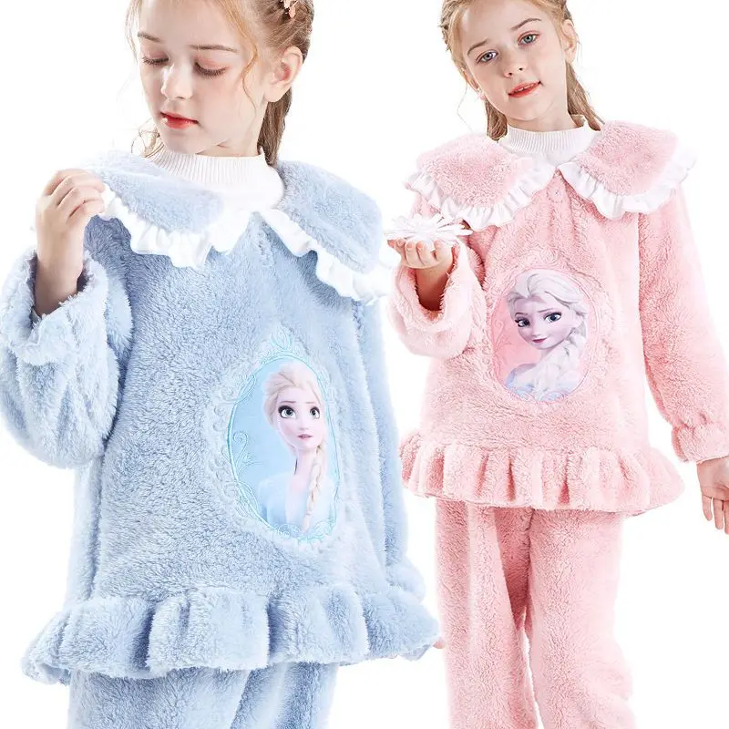 Disney Frozen Girls Kawaii Pajamas Set Elsa Flannel Children\'s Thickened Autumn and Winter New Quick Warm Princess Home Clothes