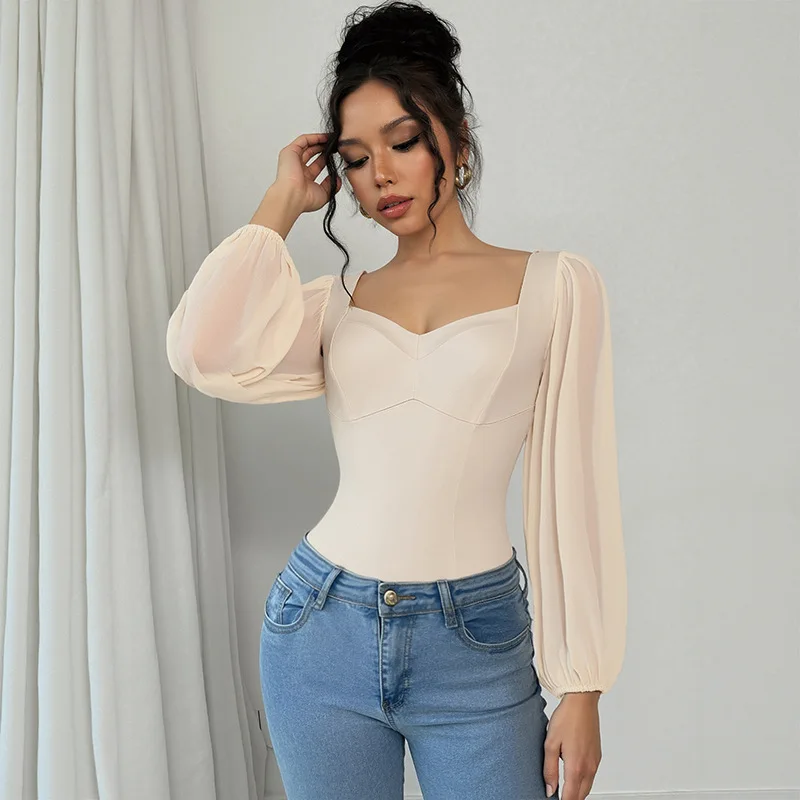 Herfst 2025, nieuwe vrouwen sexy retro elegante joker jumpsuit nauwsluitende lange mouwen effen kleur vierkante hals mesh jumpsuit