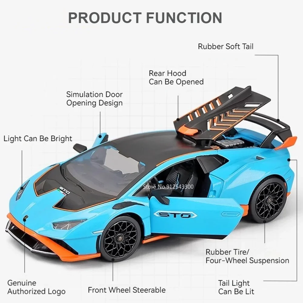 Scale 1/24 Lamborghini Huracan STO Sport Model Car Toy Alloy Diecast Metal Doors Opened Sound Light Vehicle Models Gift for Kids