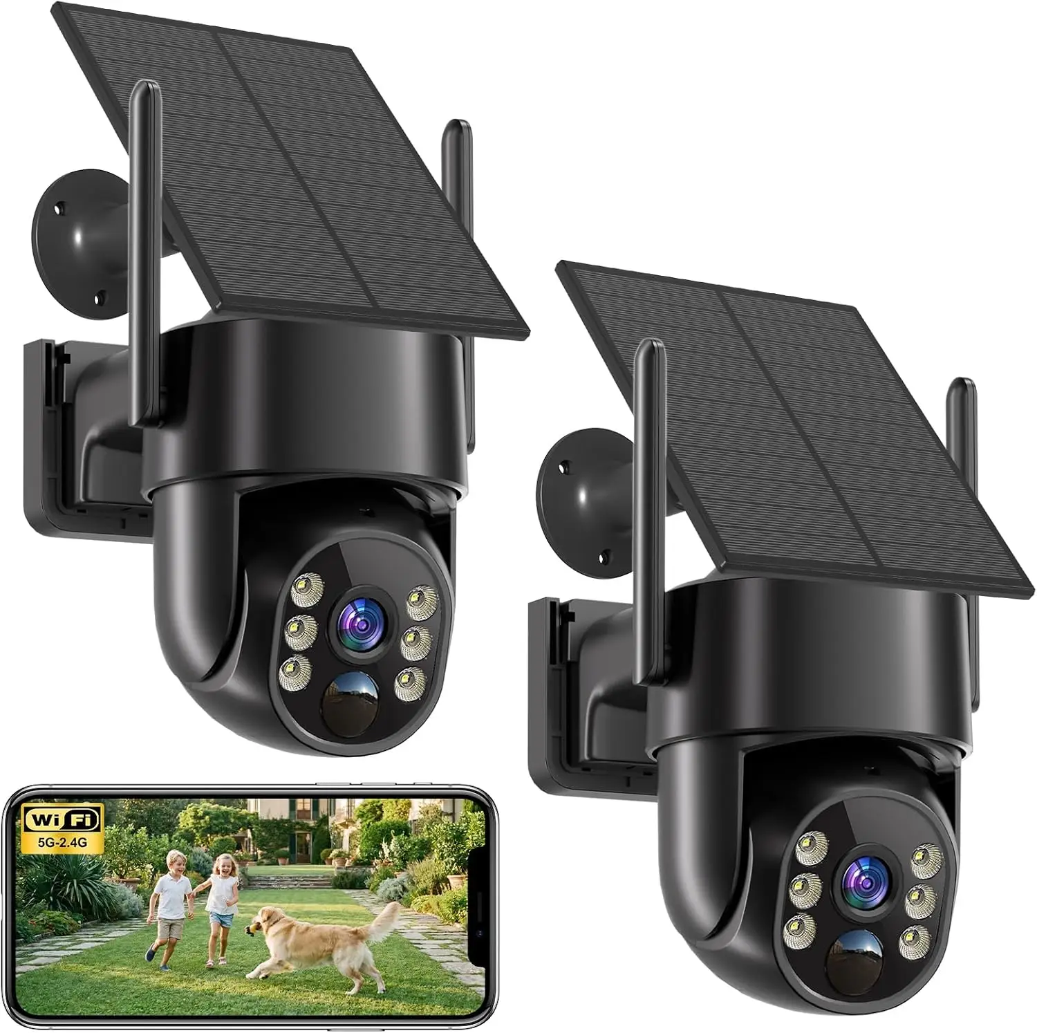 Lot de 2 caméras de sécurité solaires d'extérieur, 2K 4MP PTZ WiFi alimentées par batterie avec vision nocturne couleur, alerte de mouvement PIR et audio bidirectionnel pour la maison/le jardin