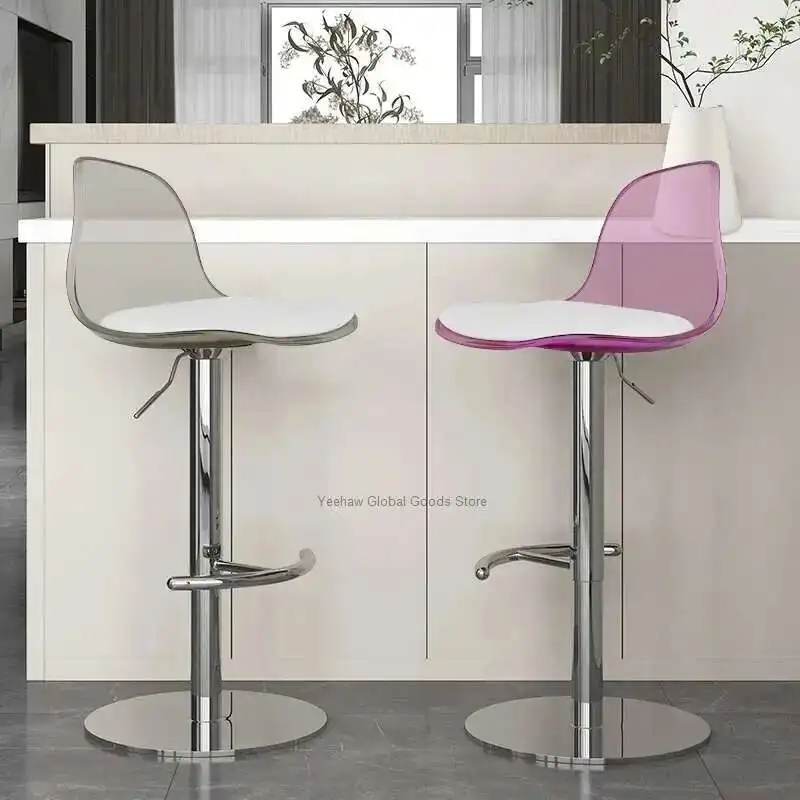 Sedie da bar girevoli in acrilico Rosa trasparente da barbiere in metallo bianco Sedie da bar da cucina alte chaise regolabili Mobili di design