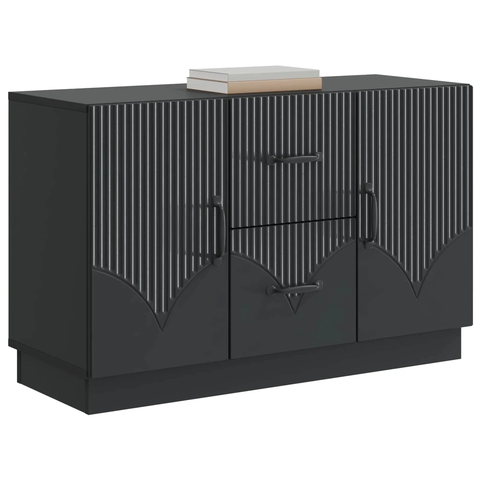 Armoire de rangement à charnières de type tiroir. Cette armoire latérale présente un cadre en bois d'ingénierie robuste pour une grande durabilité et est équipée d'étagères et de compartiments pour une solution de rangement simple et efficace.