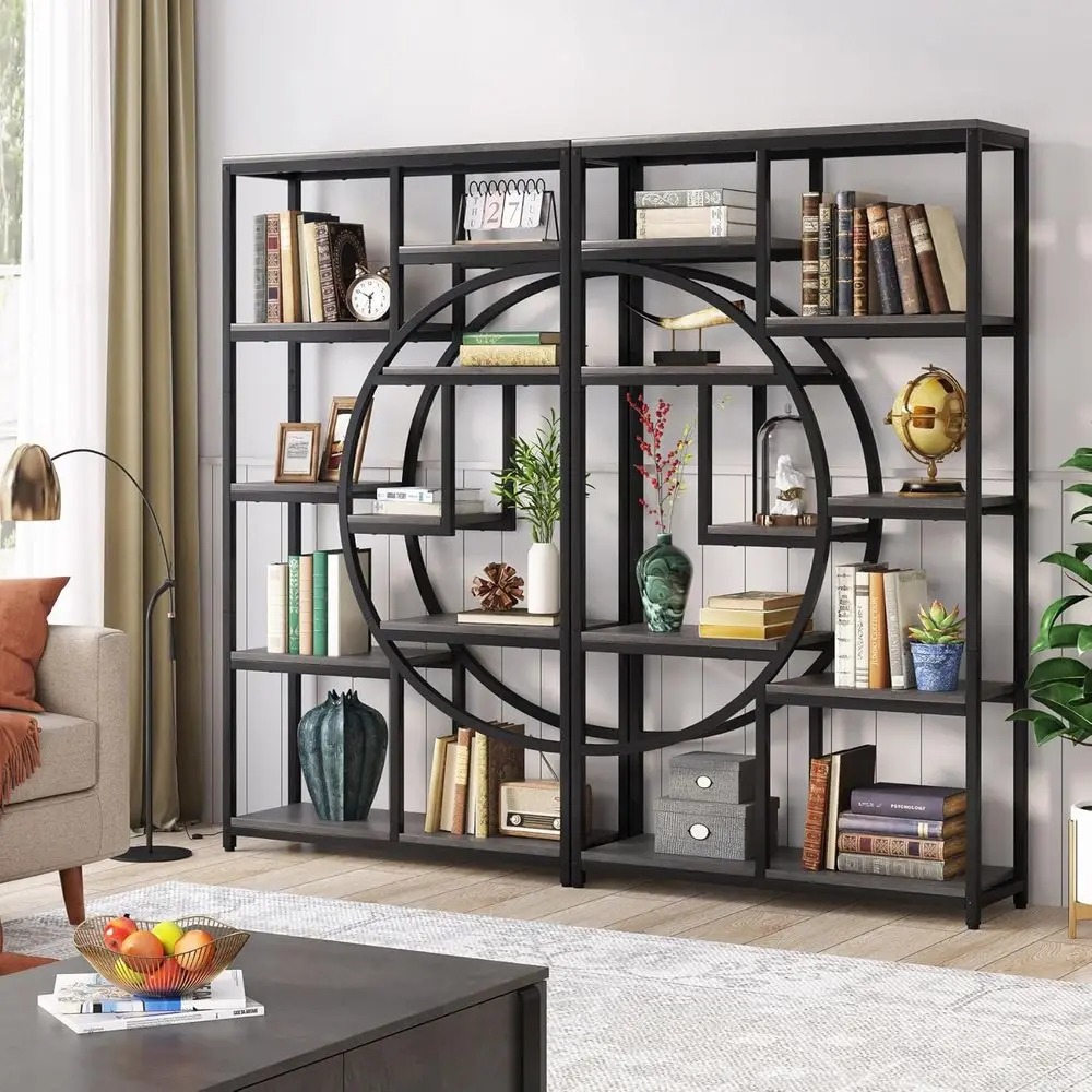 

2-Pack Gray Industrial Style 5-Tier Bookcases with Open Shelves for Home Storage and Display