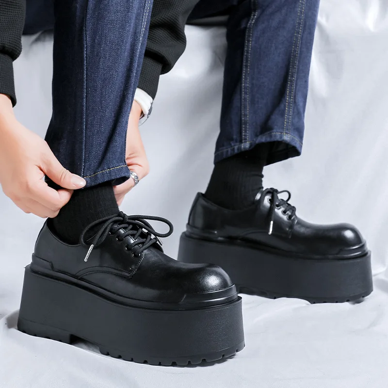 10CM Sole Leather Shoes Men Japanese Streetwear Fashion Vintage Casual Punk Gothic Luxury High Increase Leather Derby Shoes