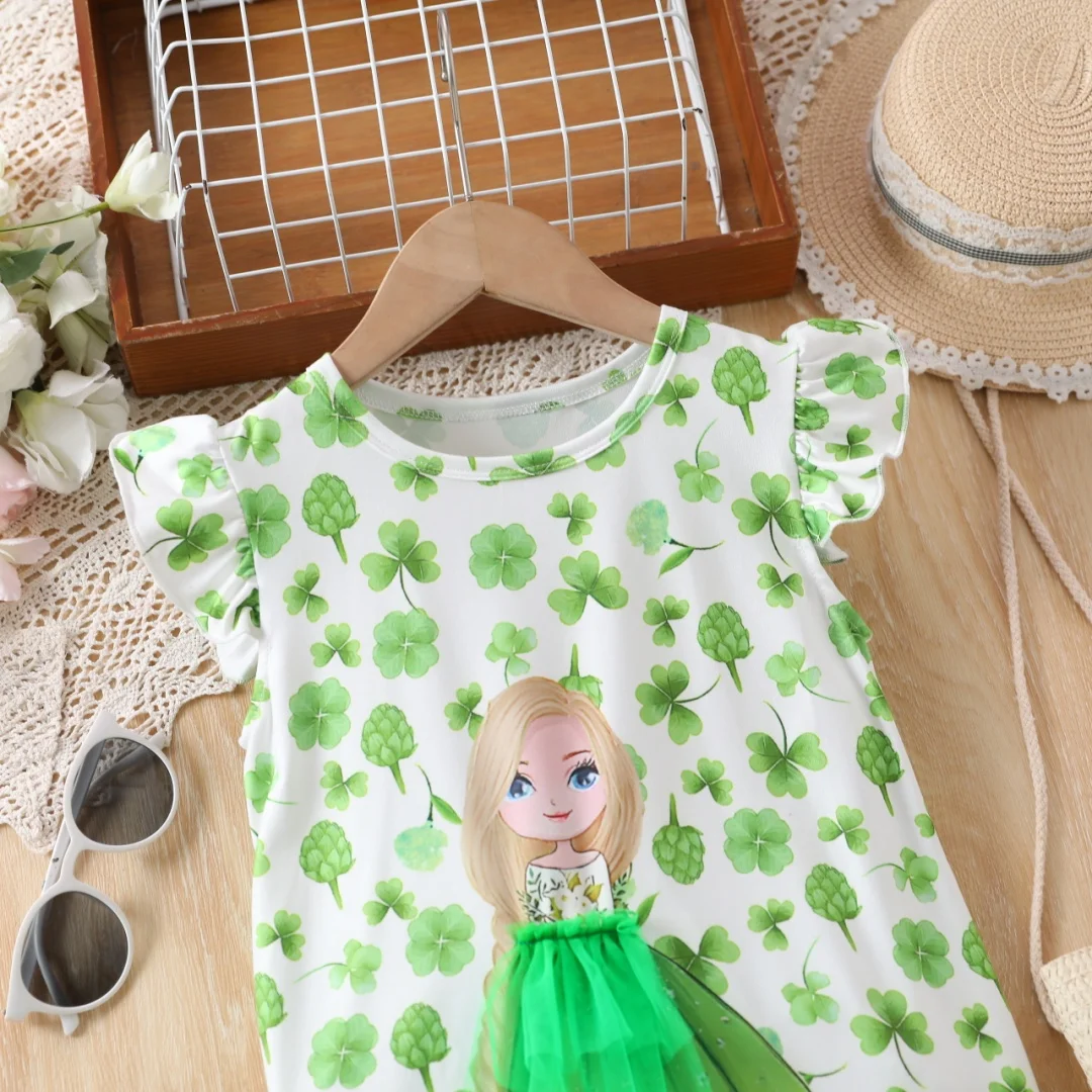 Little Girls 3-7Y Cute Clover Allover Print Dress Short Flutter Sleeve Mesh Applique Tulle Casual Party Dress