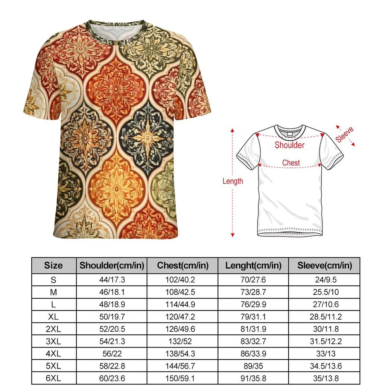 Vintage Floral Moroccan Tile Print T-Shirt Man Streetwear T Shirts Beach Harajuku Tee Shirt Short Sleeve Custom Big Size Clothes