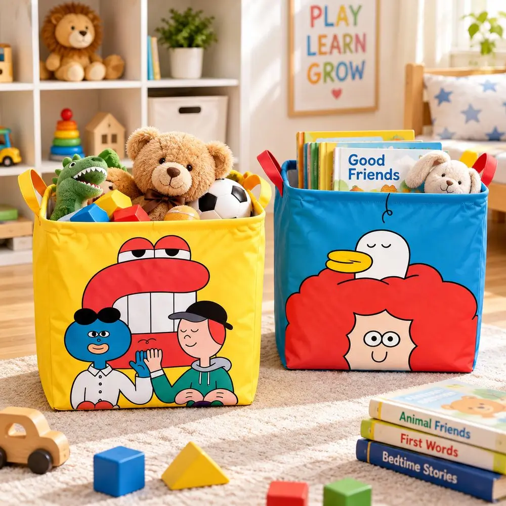 Waterproof Foldable Storage Basket Cartoon Pattern Fabric Car Trunk Organizer Square Shape Carry Handles Laundry Basket