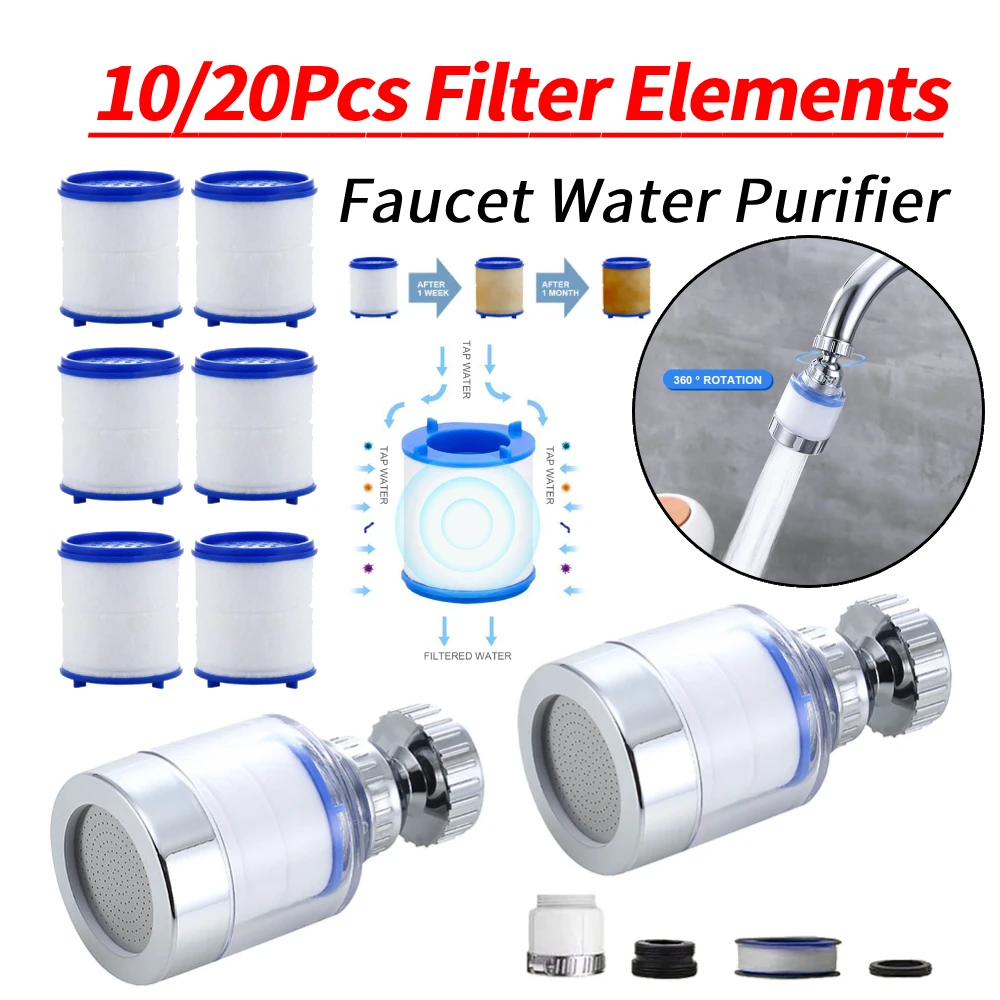 

Faucet Water Purifier with 10/20Pcs Filter Elements 360 Degree Rotating Faucet Filters Bubbler Mount Anti-splash for Kitchen