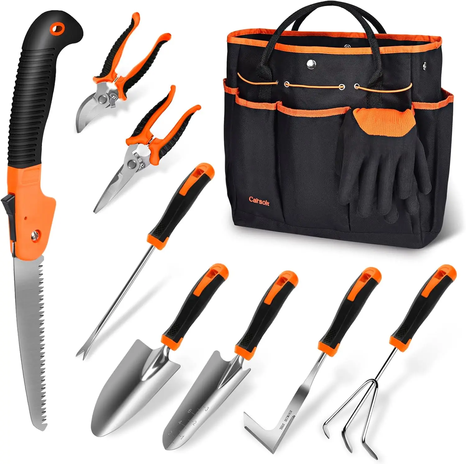 

10-Piece Stainless Steel Heavy Duty Gardening Tools Set with Bag, Gloves & Gift Box - Ideal for Women & Men (Orange)