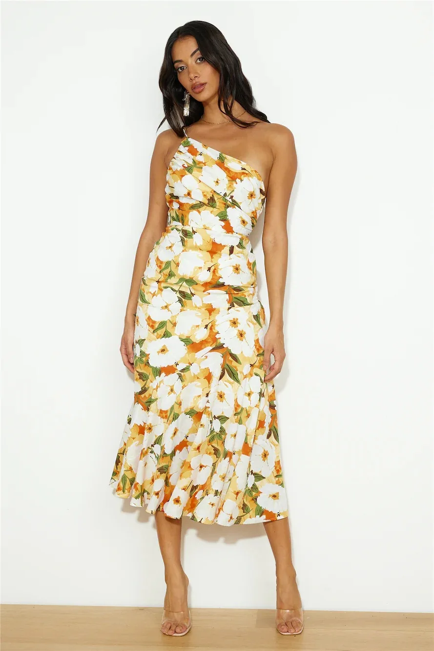 Women's Sleeveless Slanted Shoulder Slim Party Dresses Sexy Off Shoulder Floral Print Elegant Bodycon Fishtail Evening Vestidos