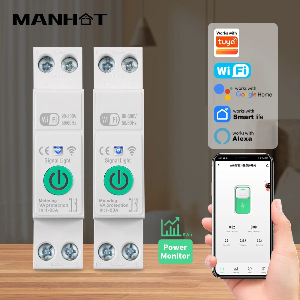 Work with Tuya WiFi Smart Circuit Breaker 1P+N 63A Timer Power Energy kWh Voltage Current Meter Protector Remote Control Switch