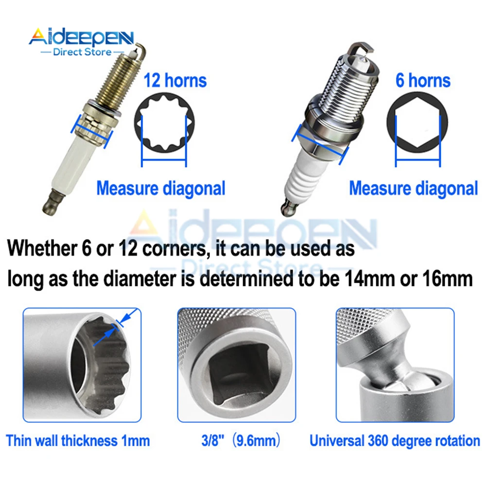 14/16mm Car Reparing Tool Spark Plug Socket Wrench Magnetic 12 Angle Spark Plug Removal Tool Thin Wall 3/8\