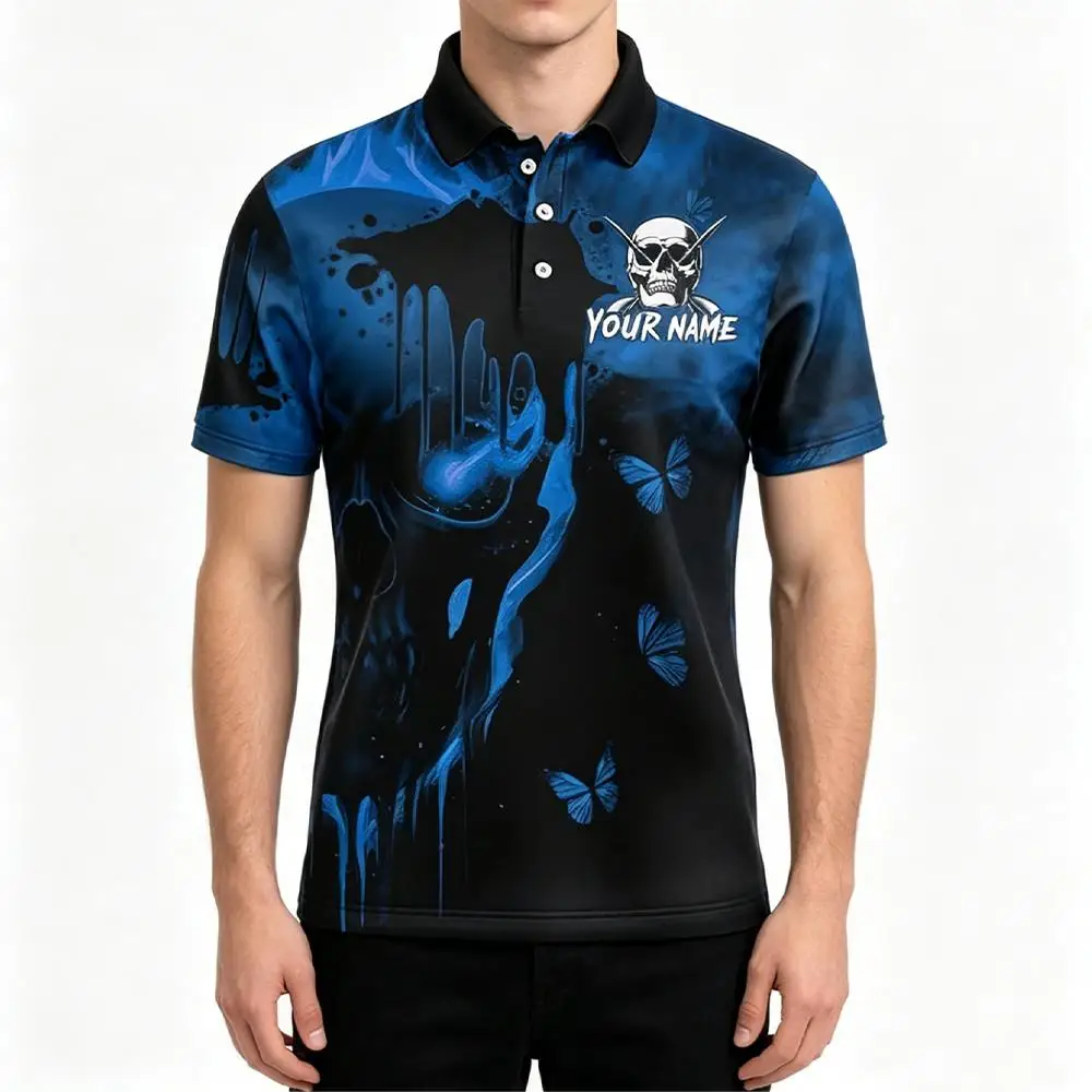 Custom Name Team Name Darts Polo Shirt Men 3D Skull Butterfly Blue Black All Over Print Quick Dry Sports Short Sleeve Golf Tops
