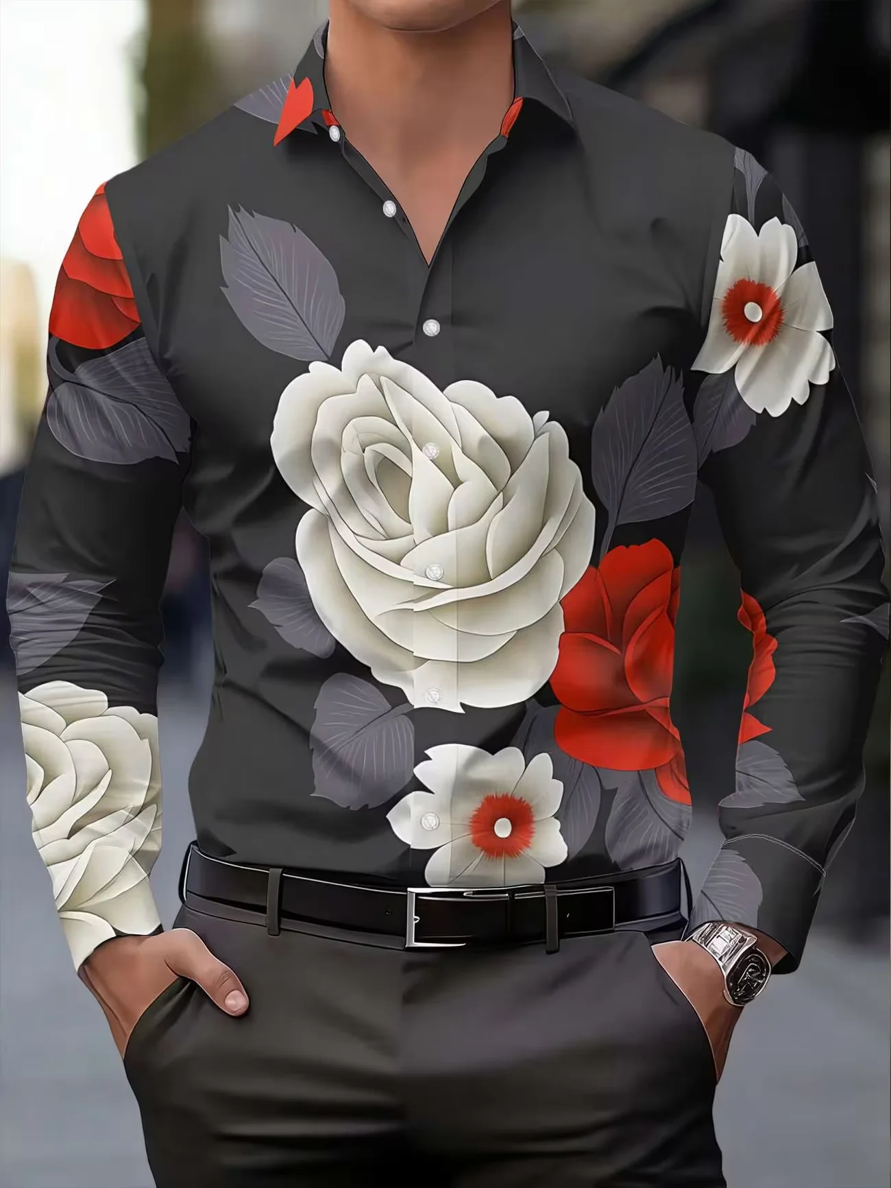 New Sunset Gradient Landscape Printed Men's Long Sleeve Shirt Artistic Outdoor Style Slimming Casual Shirt