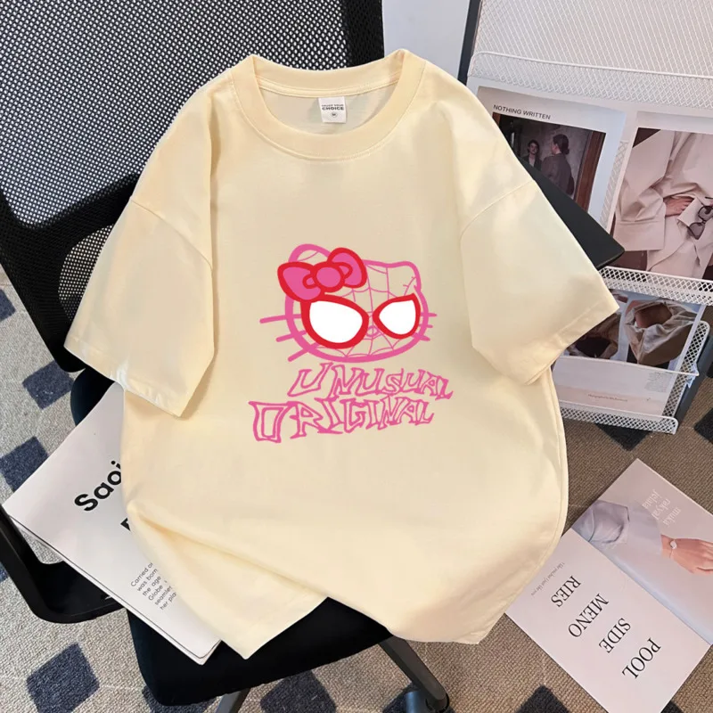 Miniso Hellokitty Casual Cotton T-shirts Cartoon Kitty Spider Printed Cute Tees Plus Size O-neck Y2k Tops Loose Shirts For Women