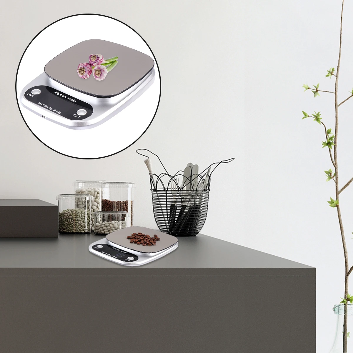 

1PC 5kg/0.1g Rechargeable Kitchen Scale Stainless Steel Accuracy LCD Display Digital Scale Measurement Tool (Silver)
