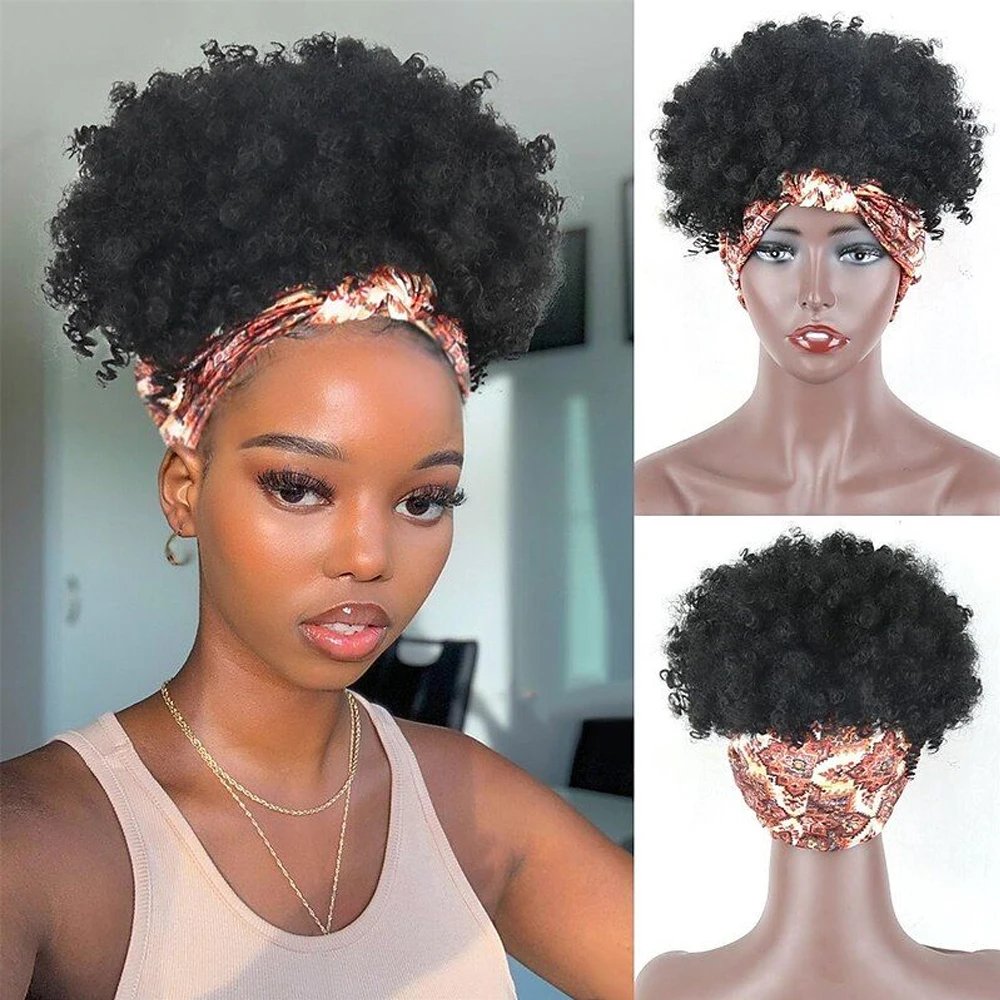 Afro Kinky Curly Wig With Headband Synthetic Hair Wigs Short Afro Curly Hair Wigs With Headband Attached Headwrap Wigs For Women