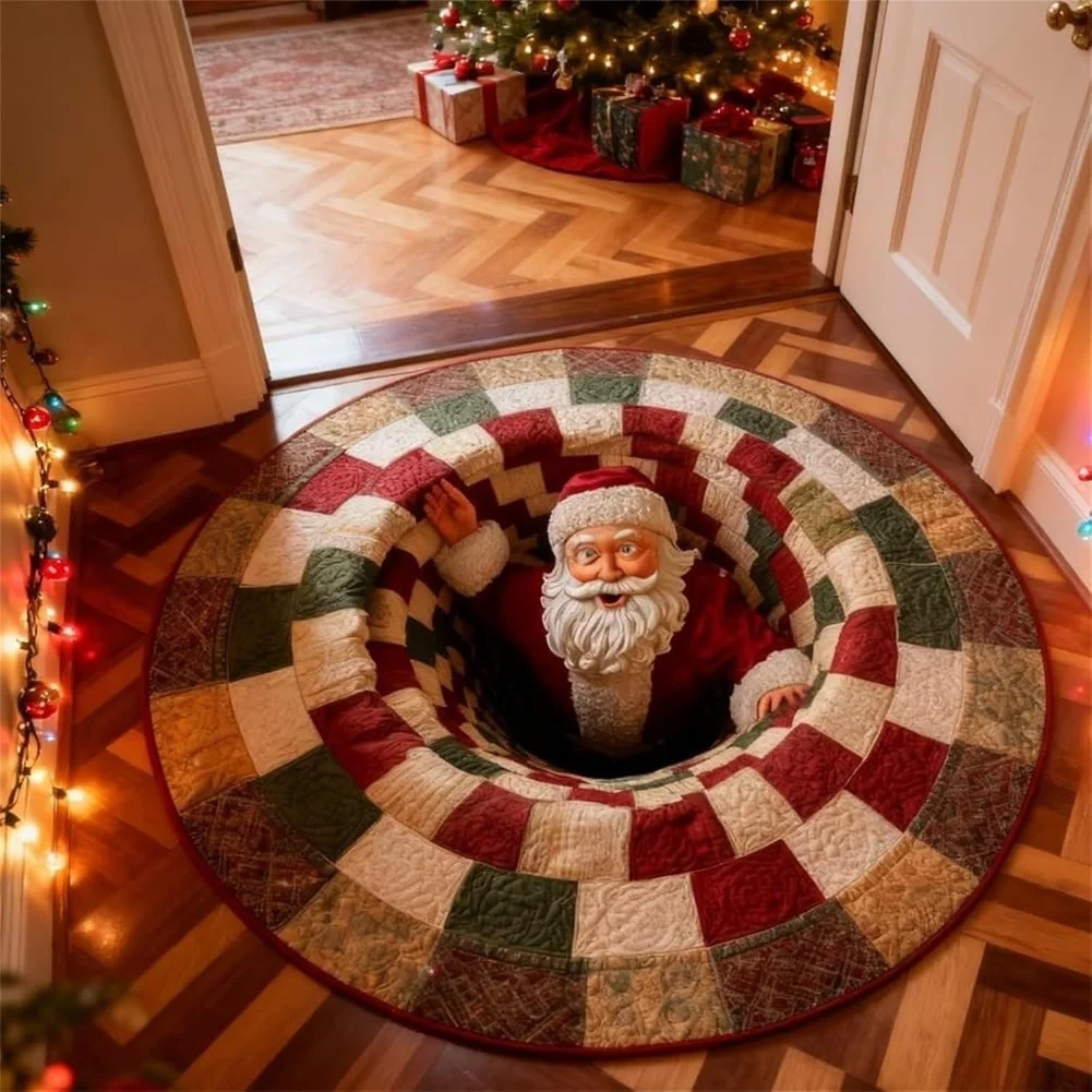 1PCS 16inches Christmas 3D Rugs Circle Non-Slip Optical Illusion Rug Welcome Door Mat Home Decor Christmas Room Decoration