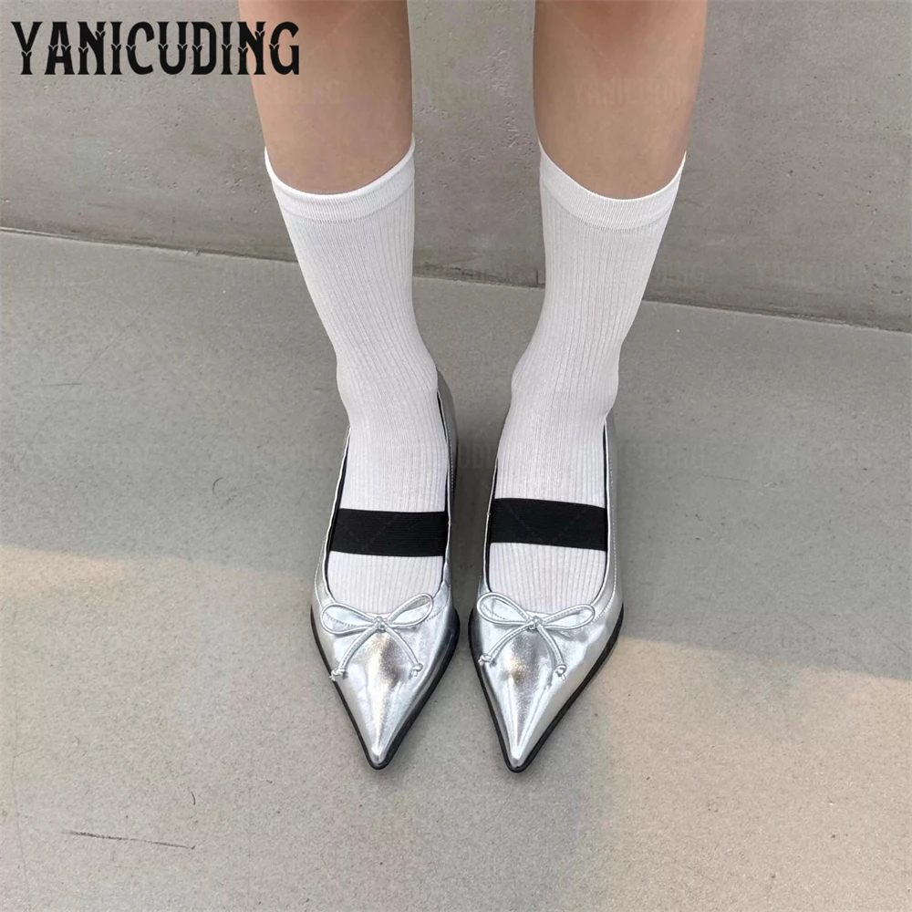

Pointed Toe Bow Detail Novelty Sneakers Strange Heel Elastic Band Leather Shoes Sweet Style Pleated Mary Jane Heels for Women