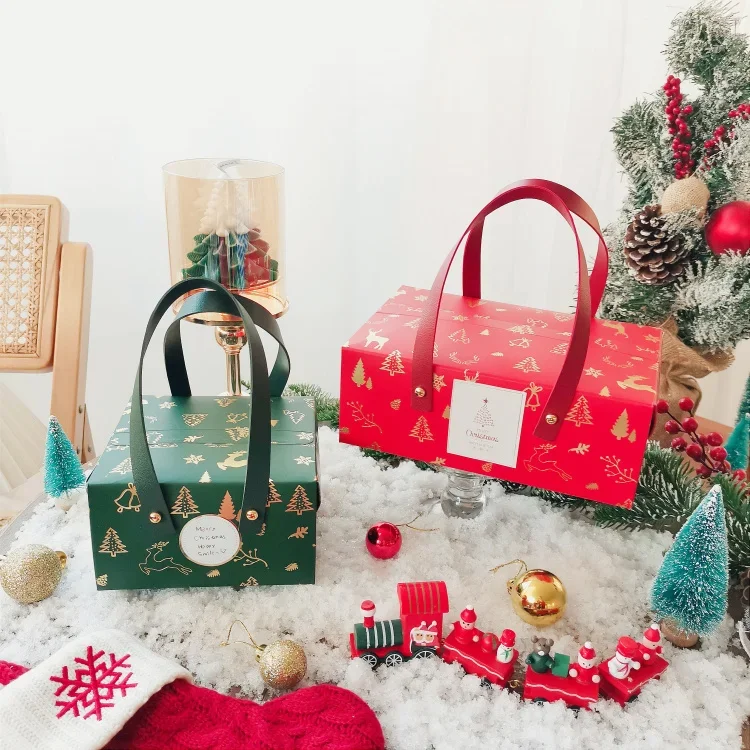 

10pcs Christmas portable empty box festival cake dessert candy Package paper box handle Gift red green wrapping paper boxes