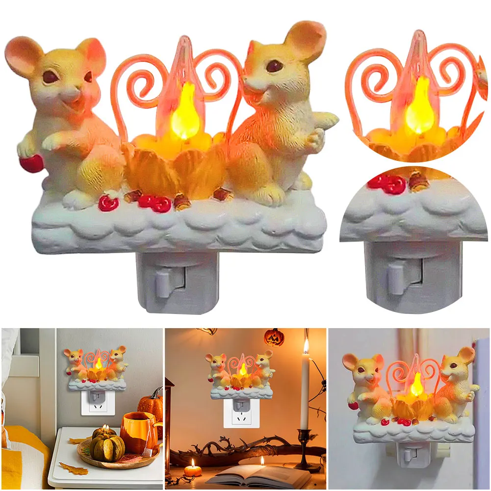 Friendly Mice/Gnome Campfire Night Light Plug-in Flickering Nightlight Indoor Lights for Halloween Christmas Home Decorations