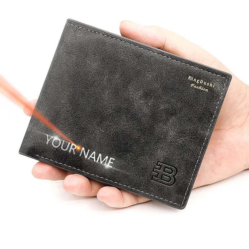 

Free Name Engraving Men Short Wallets Zipper Coin Pocket Retro Male Wallet Slim Credit Card Holder Simple Frosted Men's Wallet