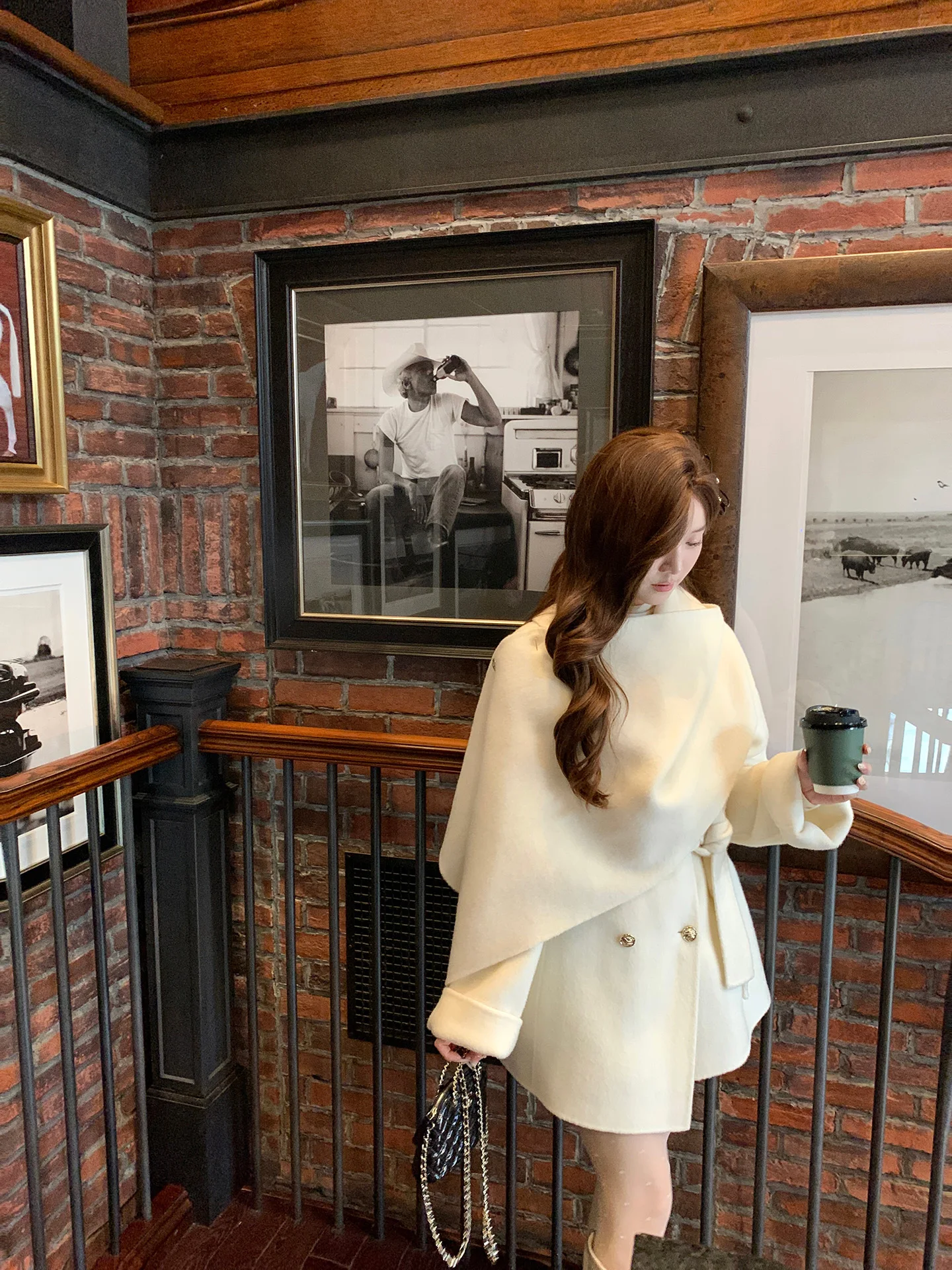 DbyDoi Double-sided Woolen Coat Women's Thiened Winter Outerwear White Ele Sle Long Sve Sweet Sle Pure Wool