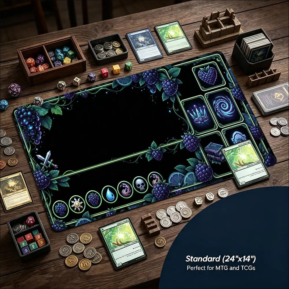 Raspberry Blackberry Gothic Fruit Dark Vine Mana Symbol Large Gaming Playmat Non Slip Rubber Base XXL Desk Mat for Table Gamers